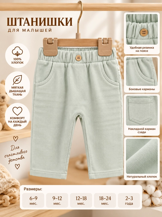 Брюки Tiffany Baby из хлопка, с эластичным поясом и карманами, 7 цветов - 