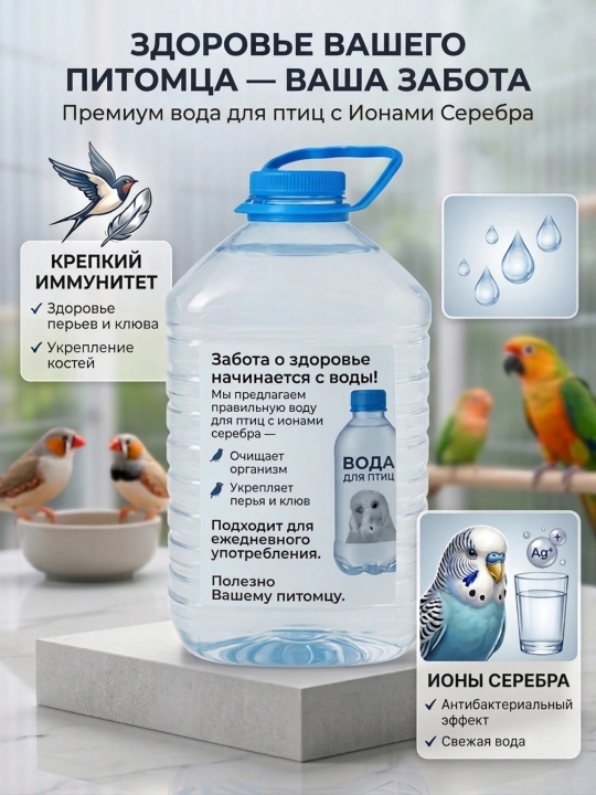 Вода для птиц с ионами серебра — Питьевая обогащенная вода для попугаев, канареек