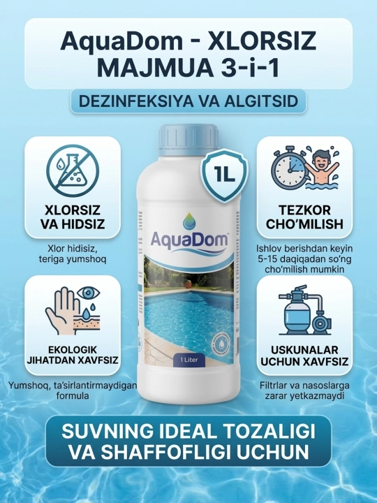 AquaDom — Бесхлорный комплекс 3-в-1 для бассейнов Дезинфектант и альгицид для идеальной - 