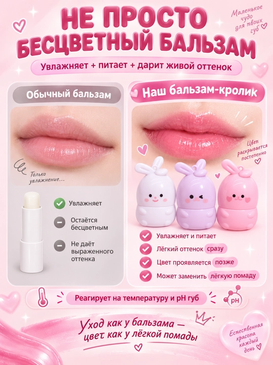 Бальзам для губ с брелоком, меняющий цвет, увлажняющий, кролик, 1 шт