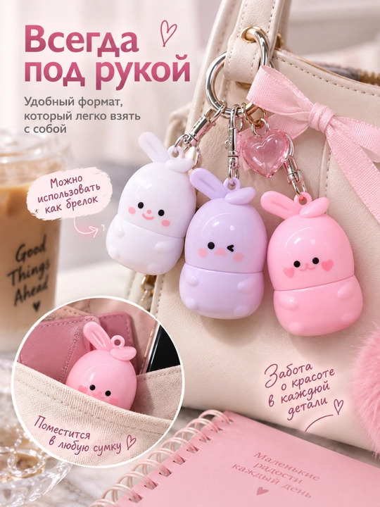 Бальзам для губ с брелоком, меняющий цвет, увлажняющий, кролик, 1 шт