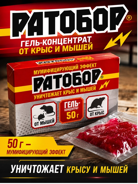 Ratobor gel-konsentrat 50 g, kalamush va sichqonlarga, kemiruvchilarga qarshi vosita - 
