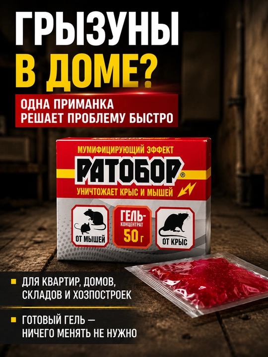 Ратобор гель-концентрат 50 г, средство против крыс и мышей, от грызунов