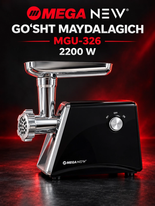 MEGA NEW MGU-326 elektr go‘sht maydalagich, 2200 Vt, revers, nasadkalar