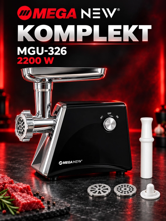 MEGA NEW MGU-326 elektr go‘sht maydalagich, 2200 Vt, revers, nasadkalar