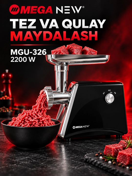 MEGA NEW MGU-326 elektr go‘sht maydalagich, 2200 Vt, revers, nasadkalar