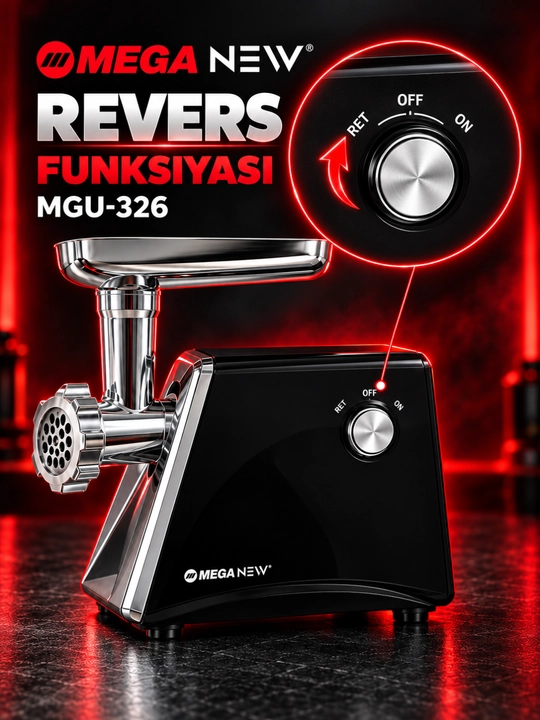 MEGA NEW MGU-326 elektr go‘sht maydalagich, 2200 Vt, revers, nasadkalar