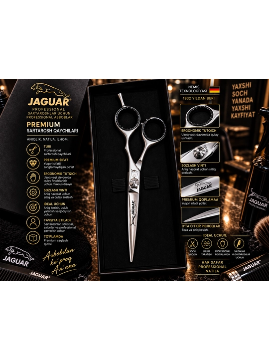 JAGUAR Professional original sartaroshlik qaychisi, premium, kumush rang, keys bilan