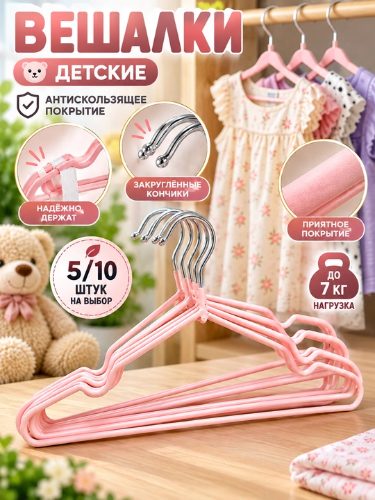 Детские вешалки плечики для одежды, металлические, прорезиненные, 5,10 штук в комплекте - 