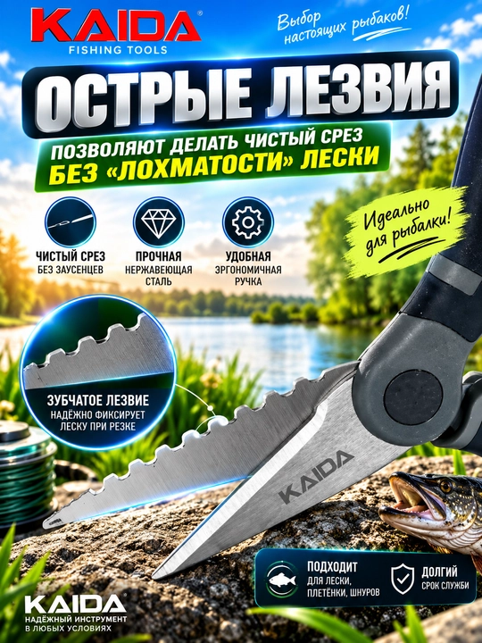 Baliq ovlash uchun leska va o‘rilgan ipni kesuvchi ixcham universal qaychi