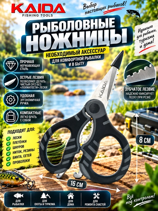 Baliq ovlash uchun leska va o‘rilgan ipni kesuvchi ixcham universal qaychi