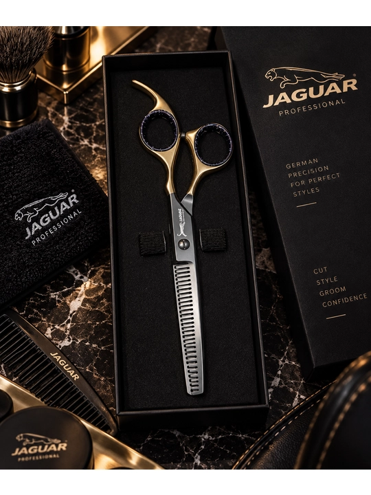 Филировочные ножницы JAGUAR Professional, золотисто-черные, с футляром - 