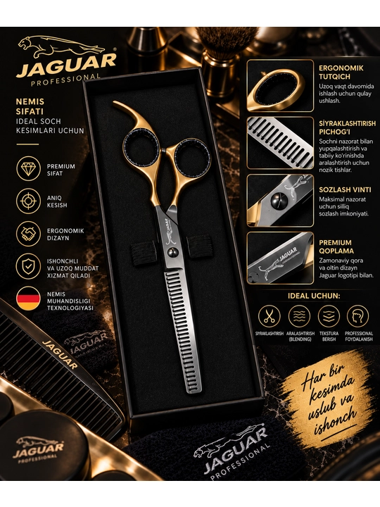 JAGUAR Professional filirovka qaychisi, premium, oltin-qora, keys bilan