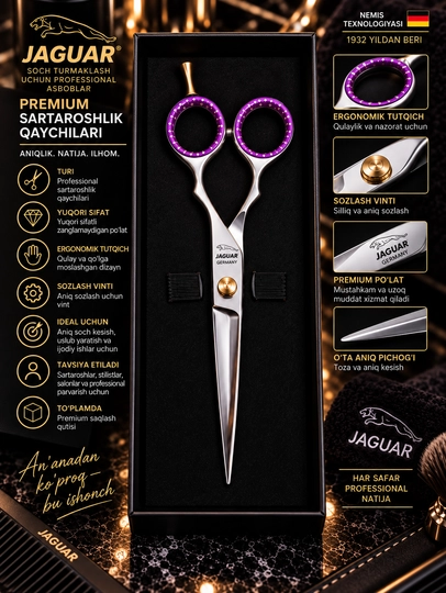 JAGUAR Professional sartaroshlik qaychisi, kumush-oltin rangli, g‘ilofli