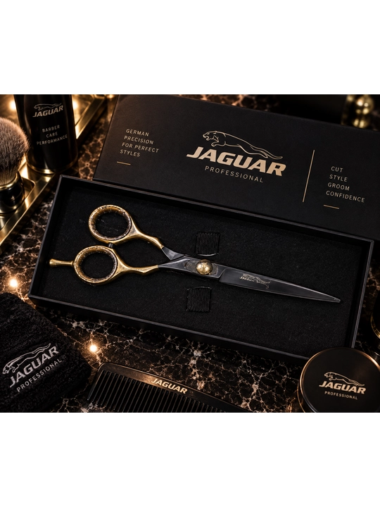 JAGUAR Professional sartaroshlik qaychisi, premium, qora-oltin, keys bilan