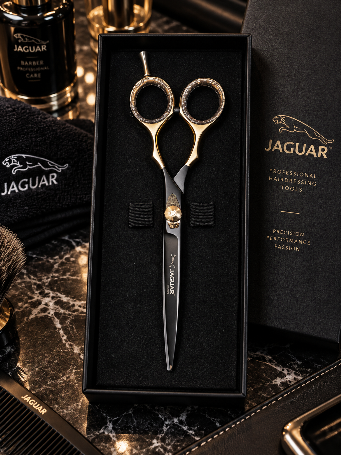 Парикмахерские ножницы JAGUAR Professional, премиум, черно-золотые, с футляром - 