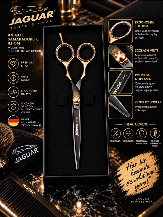 JAGUAR Professional sartaroshlik qaychisi, premium, qora-oltin, keys bilan