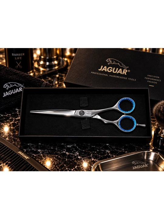 JAGUAR Professional sartaroshlik qaychisi, premium, kumush-ko‘k, keys bilan