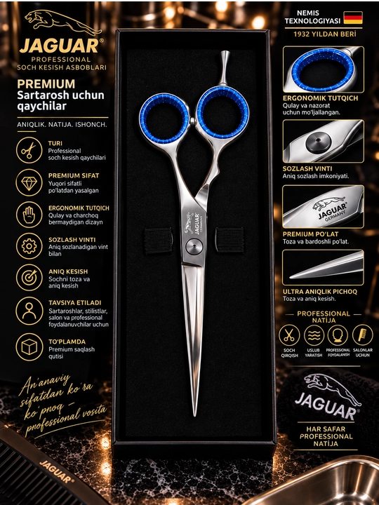JAGUAR Professional sartaroshlik qaychisi, premium, kumush-ko‘k, keys bilan