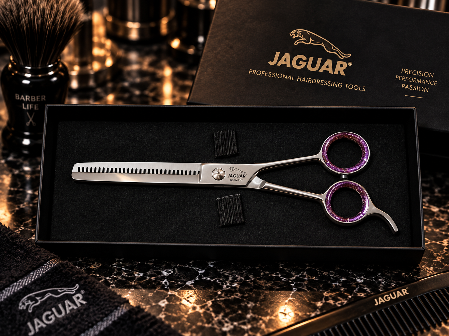 JAGUAR Professional filirovka qaychisi, premium, kumush-binafsha, keys bilan