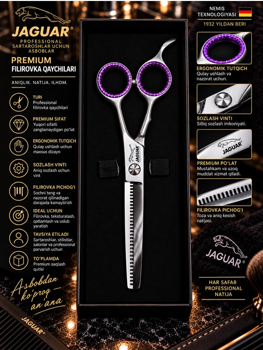 JAGUAR Professional filirovka qaychisi, premium, kumush-binafsha, keys bilan