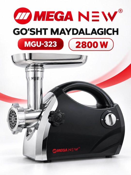 MEGA NEW MGU-323 elektr go‘sht maydalagich, 2800 Vt, revers, qora rangli - 