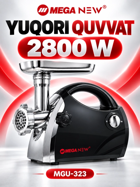 MEGA NEW MGU-323 elektr go‘sht maydalagich, 2800 Vt, revers, qora rangli