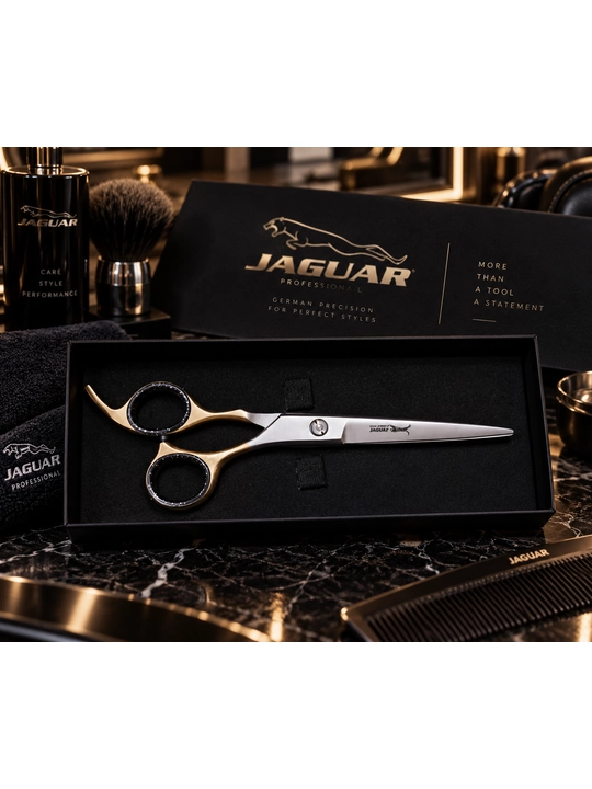 JAGUAR Professional sartaroshlik qaychisi, premium, oltin-kumush-qora, keys bilan
