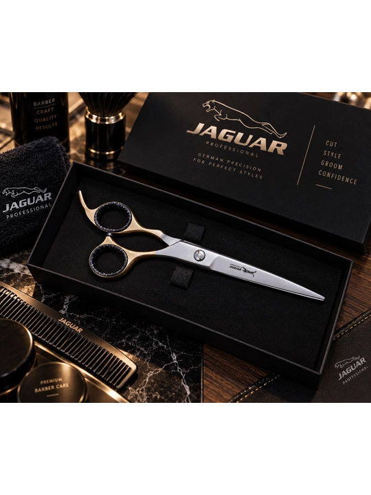 JAGUAR Professional sartaroshlik qaychisi, premium, oltin-kumush-qora, keys bilan