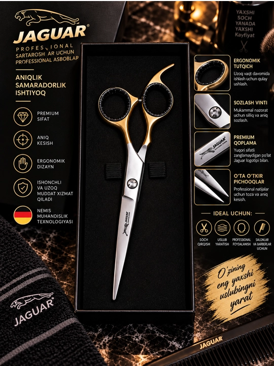 JAGUAR Professional sartaroshlik qaychisi, premium, oltin-kumush-qora, keys bilan