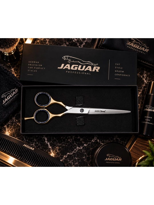 JAGUAR Professional sartaroshlik qaychisi, premium, oltin-kumush-qora, keys bilan