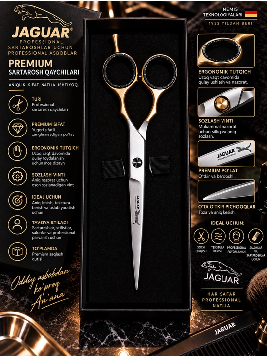 JAGUAR Professional sartaroshlik qaychisi, premium, oltin-kumush-qora, keys bilan