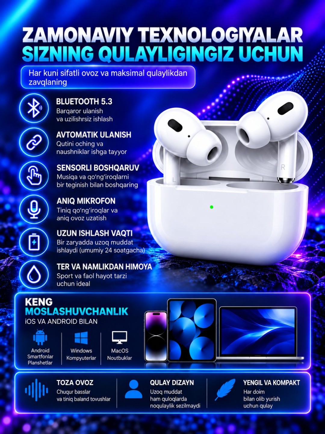 Android va IOS uchun Pods Pro2 simsiz quloqchinlari
