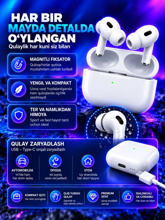 Android va IOS uchun Pods Pro2 simsiz quloqchinlari