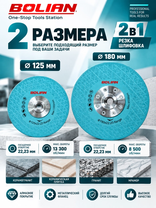 Алмазный диск BOLIAN 2 в 1 для резки и шлифовки, 125 / 180 мм