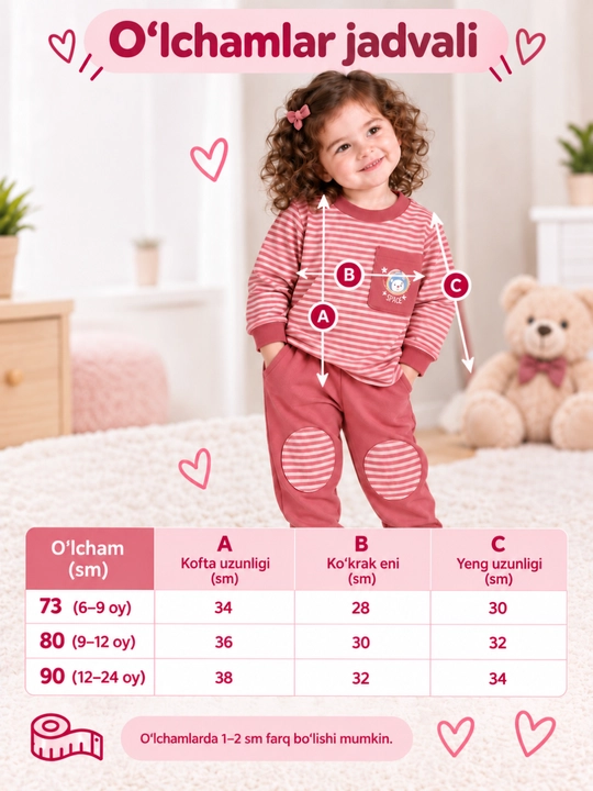 Qizlar va o‘g‘il bolalar uchun pijama, 6 oylikdan 2 yoshgacha, o‘lchamlari 70–80–90