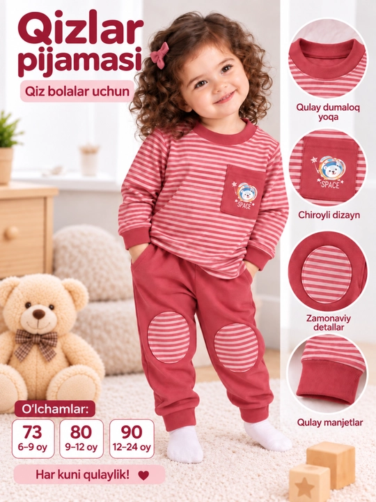Qizlar va o‘g‘il bolalar uchun pijama, 6 oylikdan 2 yoshgacha, o‘lchamlari 70–80–90
