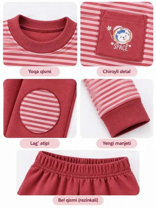 Qizlar va o‘g‘il bolalar uchun pijama, 6 oylikdan 2 yoshgacha, o‘lchamlari 70–80–90
