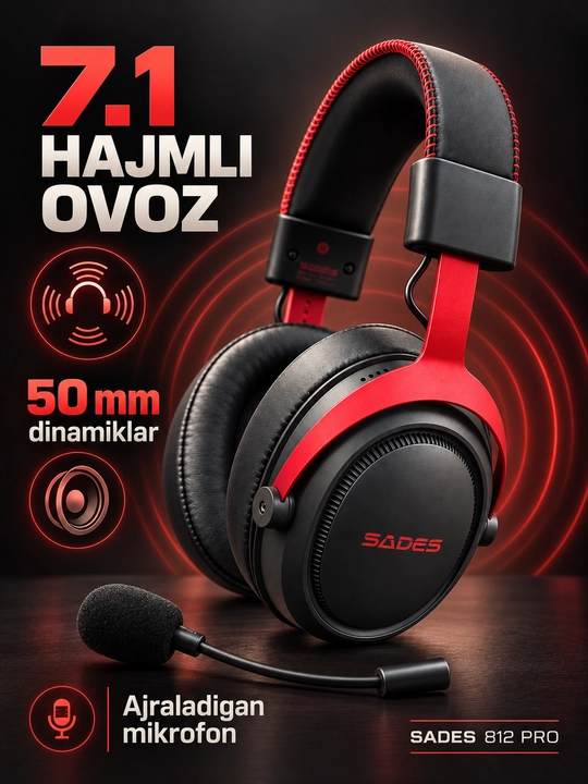 Игровые наушники SADES 812 Pro с микрофоном, Bluetooth 6.0/2.4G/USB-C, 7.1, RGB