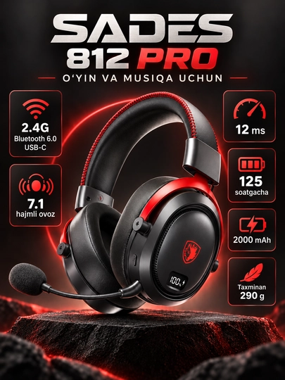 Игровые наушники SADES 812 Pro с микрофоном, Bluetooth 6.0/2.4G/USB-C, 7.1, RGB
