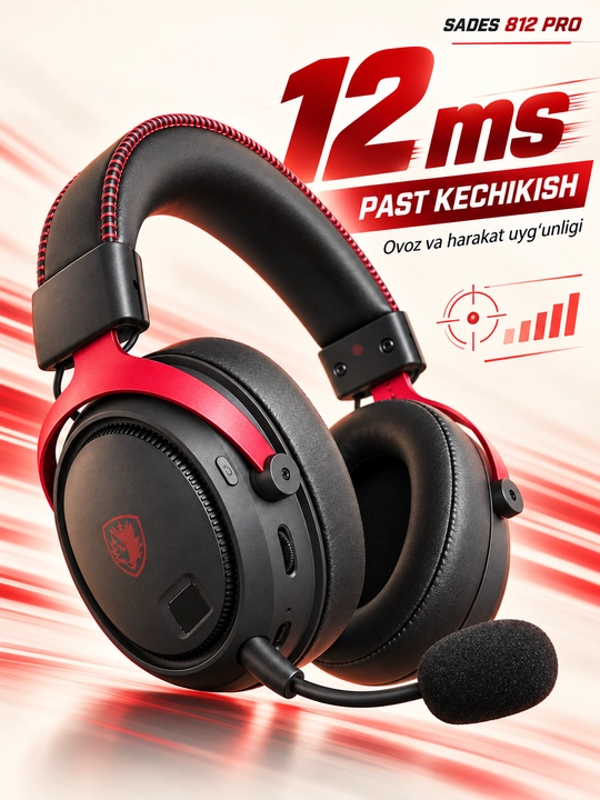 Игровые наушники SADES 812 Pro с микрофоном, Bluetooth 6.0/2.4G/USB-C, 7.1, RGB