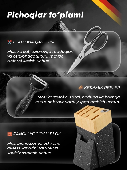 Haus Roland набор из 9 кухонных ножей — с цветным покрытием и деревянной подставкой