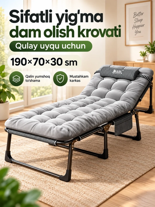 Buklama karavot, matrasli kreslo-karavot, prujinasiz, 180 kg gacha yuk ko‘taradi