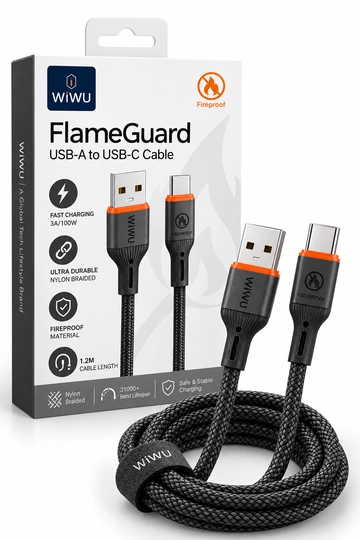 WiWU FlameGuard USB-A — USB-C kabel 100W, 1,2 m, tez zaryadlash, 480 Mbit/s