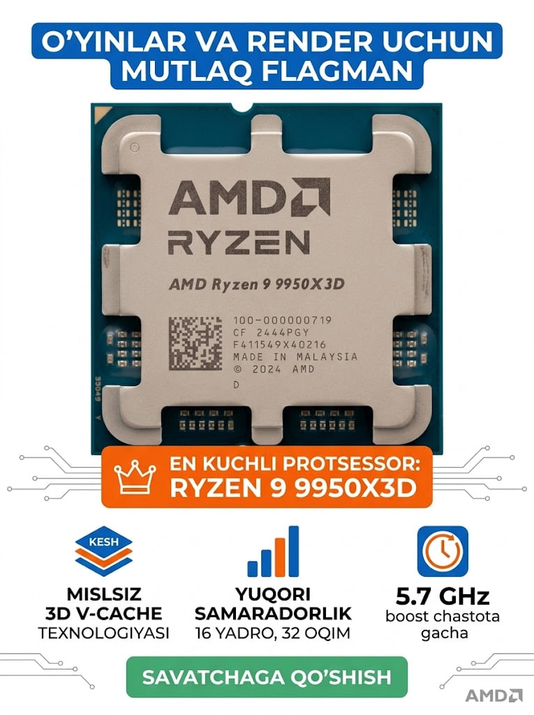 Процессор AMD Ryzen 9 9950X3D AM5, 16 ядер, 3D V-Cache, мощный для игр работы - 