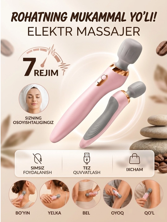Bo‘yin, yelka, orqa, oyoq va qo‘llar uchun elektr massaj moslamasi, mini, USB quvvatlagich bilan