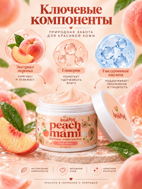 AmateMas Peach Mami shaftoli iforli tana uchun taranglashtiruvchi krem, sellyulitga qarshi