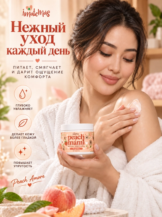 AmateMas Peach Mami shaftoli iforli tana uchun taranglashtiruvchi krem, sellyulitga qarshi