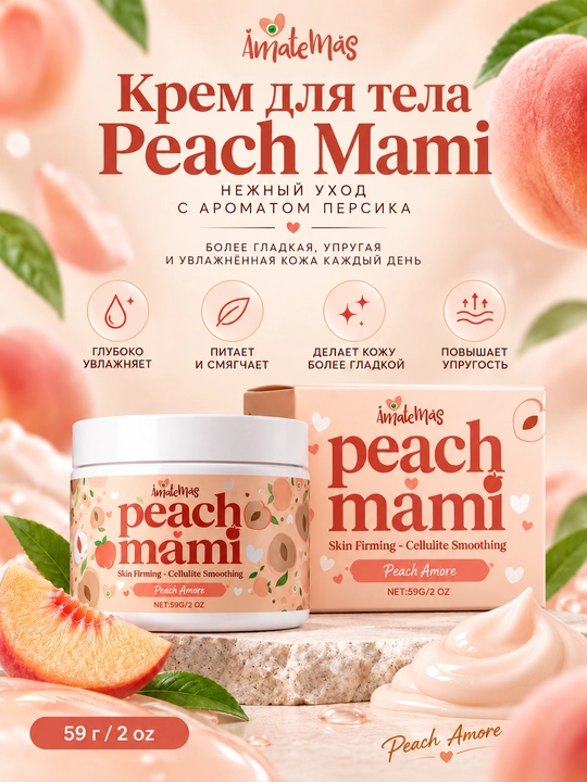 AmateMas Peach Mami shaftoli iforli tana uchun taranglashtiruvchi krem, sellyulitga qarshi
