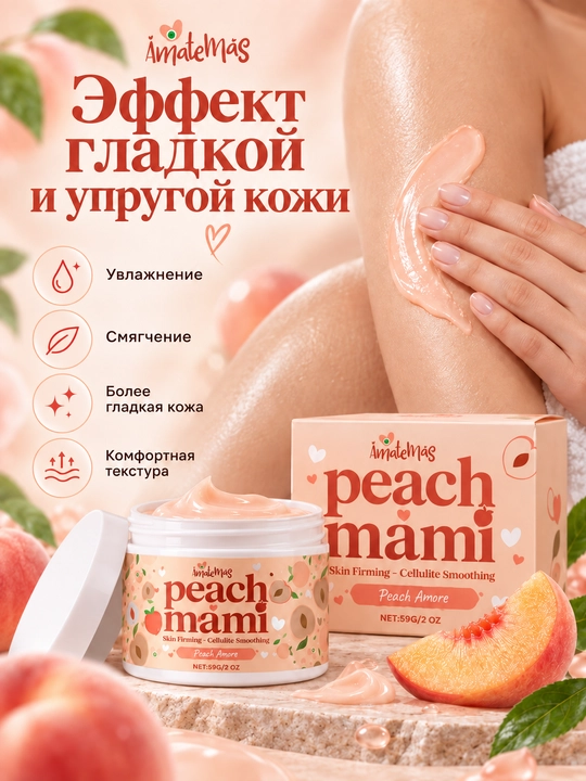 AmateMas Peach Mami shaftoli iforli tana uchun taranglashtiruvchi krem, sellyulitga qarshi